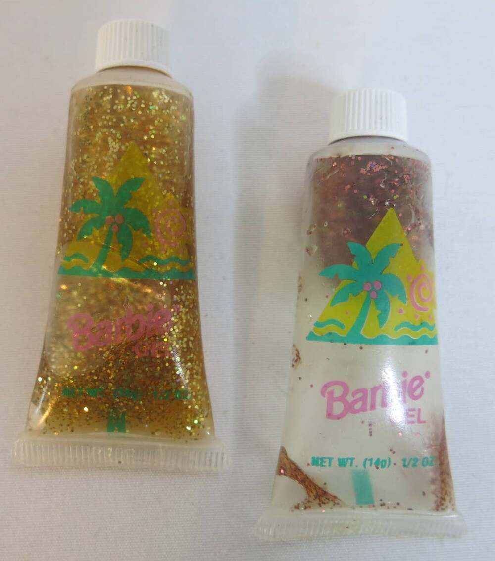 Vintage BARBIE Doll Hair Gel Glitter 2 Partial Tubes Red Gold Glittery 1993 Toys